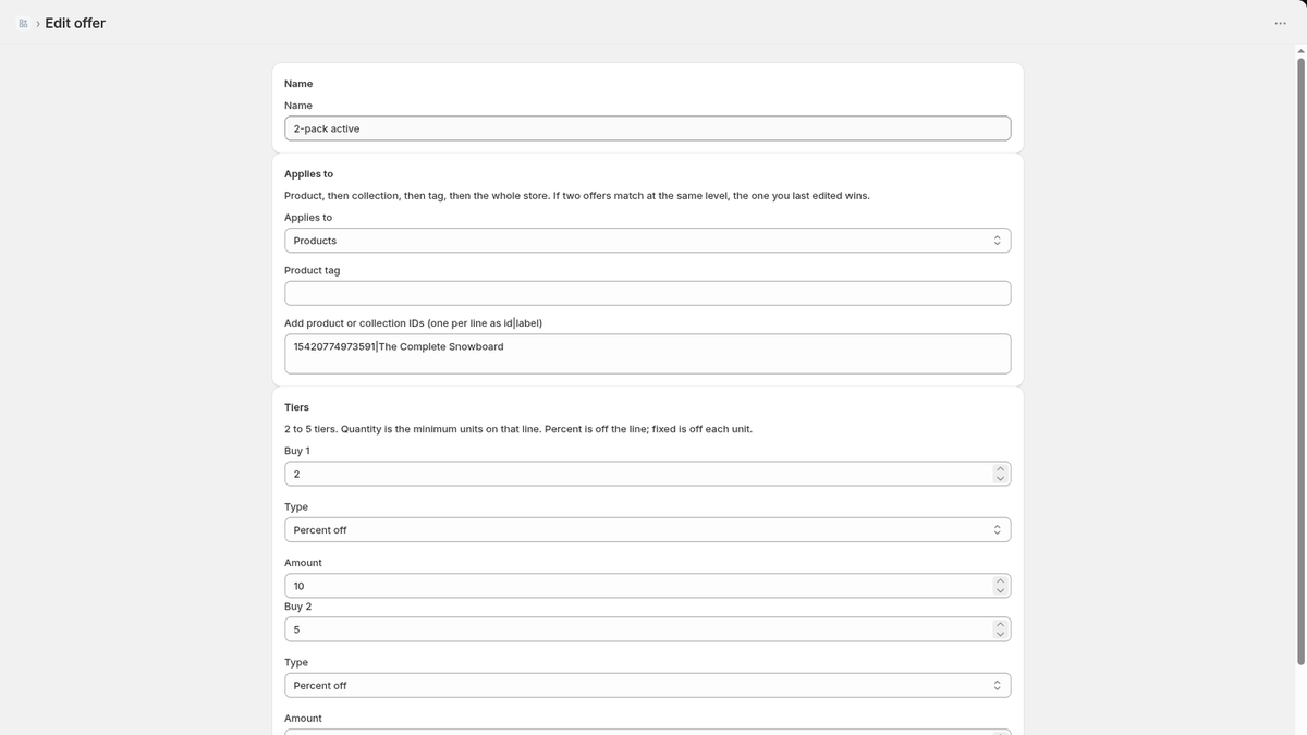 Editor de ofertas en el admin de Shopify: nombre, destino y niveles